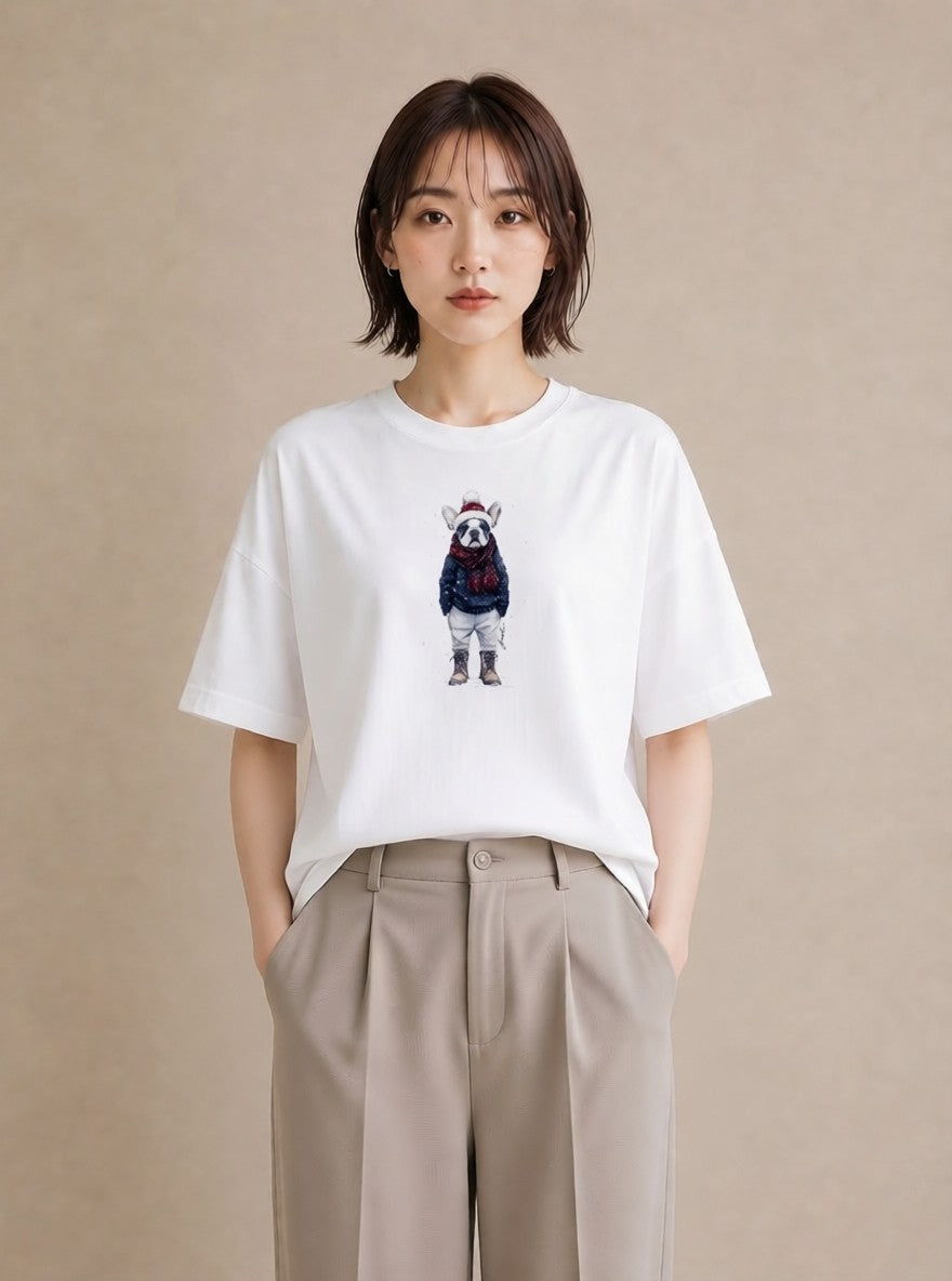 グラフィックTシャツ レディース フレンチブルドッグ フレブル 犬 いぬ イラスト ミニマル 散歩 お出かけ 白T YMAZO