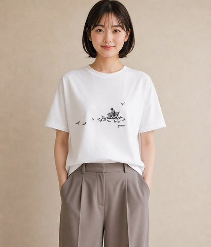 グラフィックTシャツ レディース 雨上がりのベンチ ベンチ ナチュラル アンティーク イラスト 旅行コーデ 公園 ママ 白T YMAZO