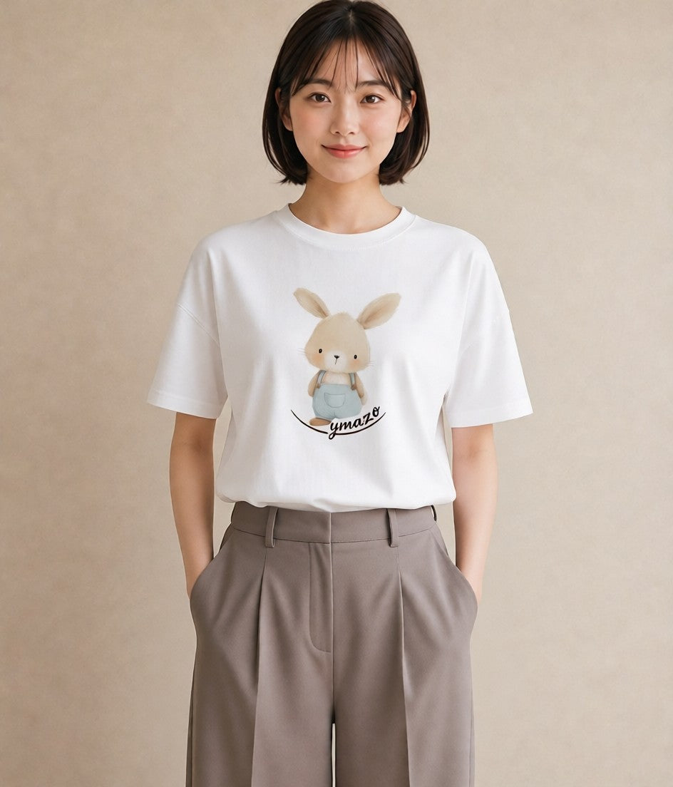 半袖Tシャツ レディース ミニうさぎ ペット 動物 イラスト 線画 ラフ レイヤード 白T YMAZO