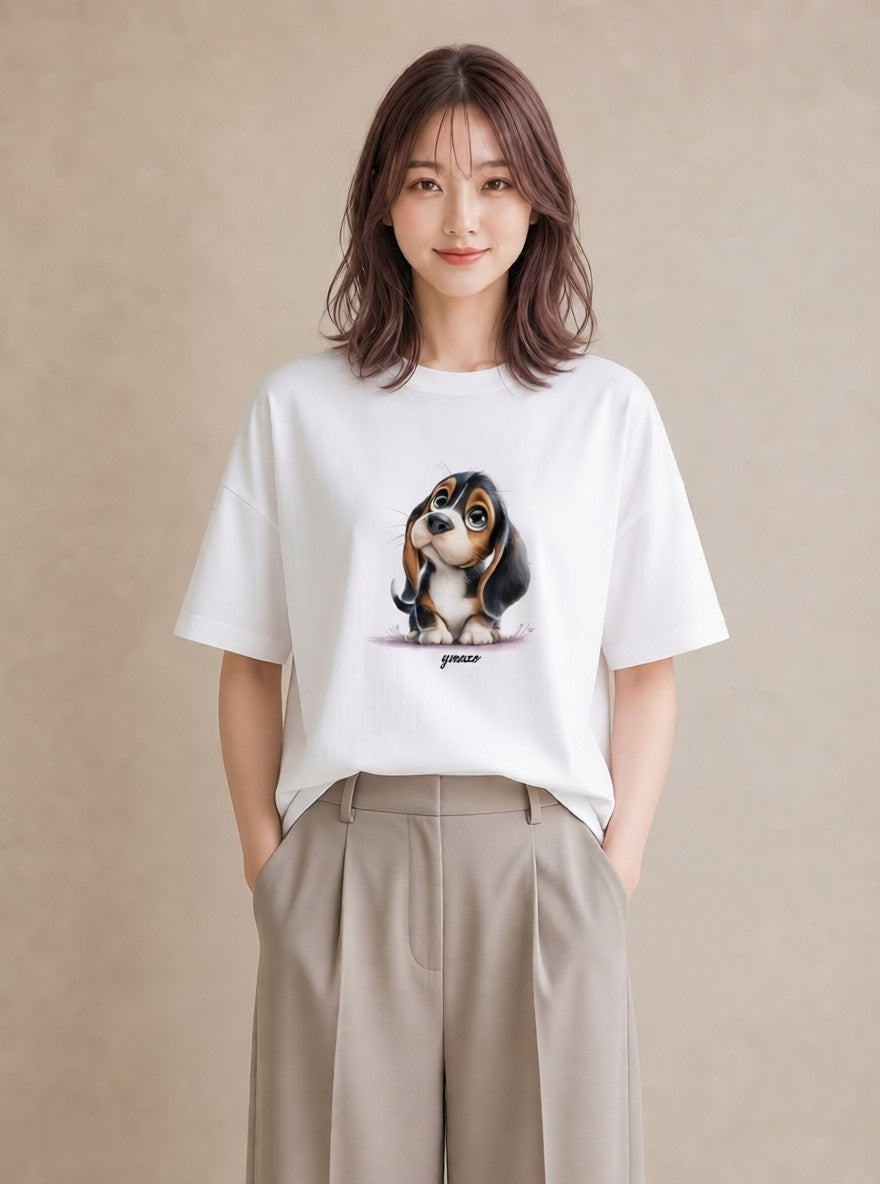 半袖Tシャツ レディース わんこ 犬 いぬ イラスト きれいめカジュアル カフェ服 クリスマス 白T YMAZO