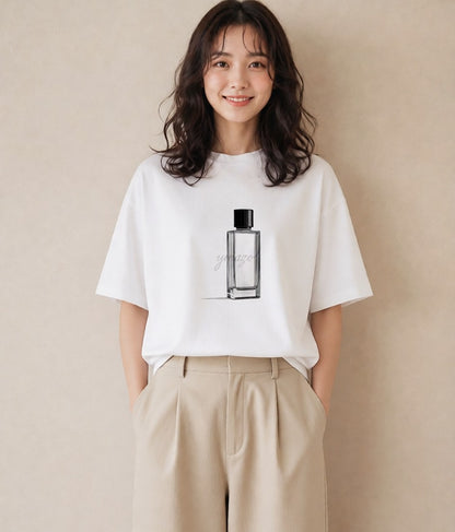 プリントTシャツ レディース 香水 香水瓶 パフューム イラスト 北欧風 海 カフェ巡り 白T YMAZO
