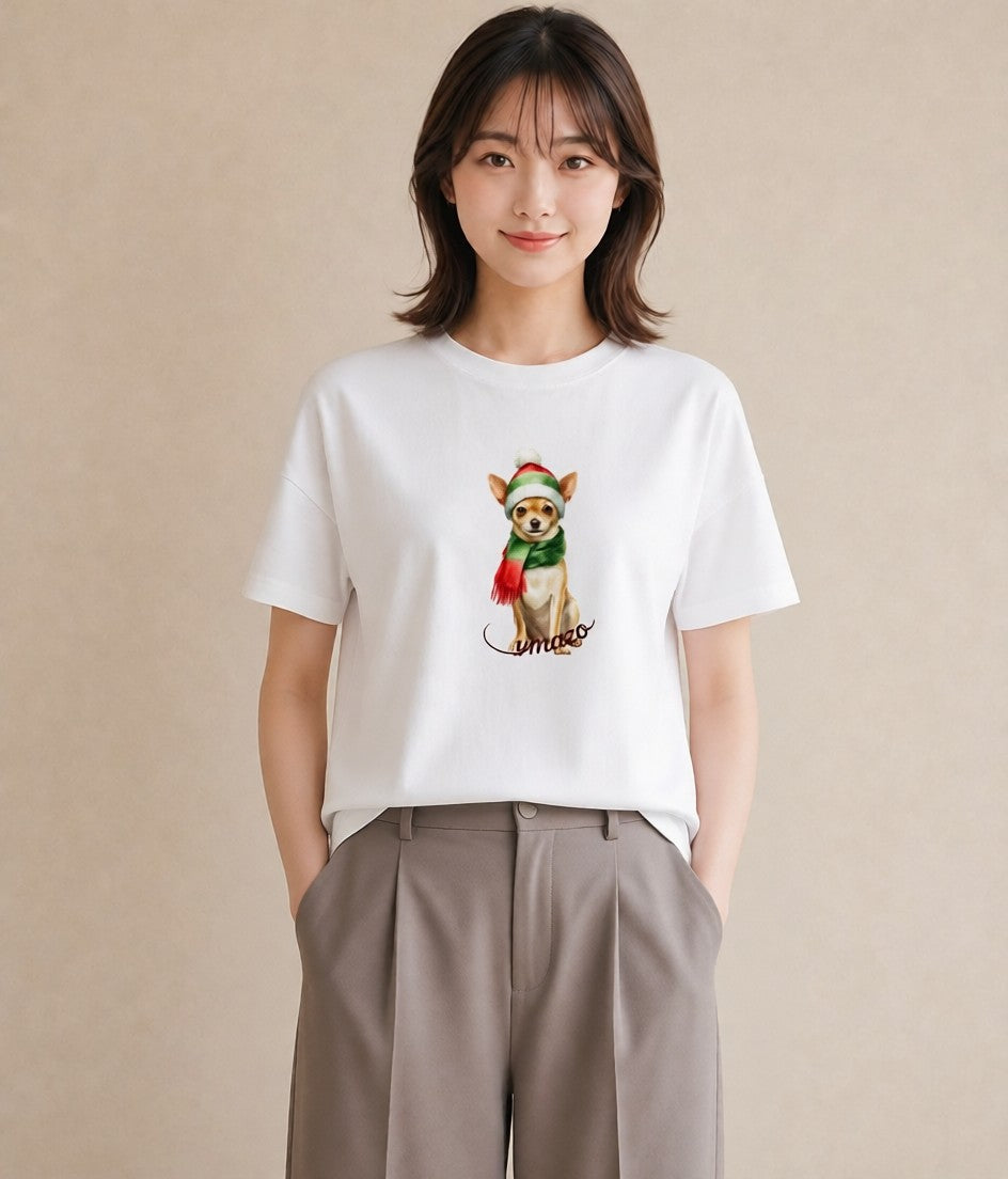 半袖Tシャツ レディース チワワ 犬 いぬ イラスト ミニマル お出かけ 普段着 白T YMAZO