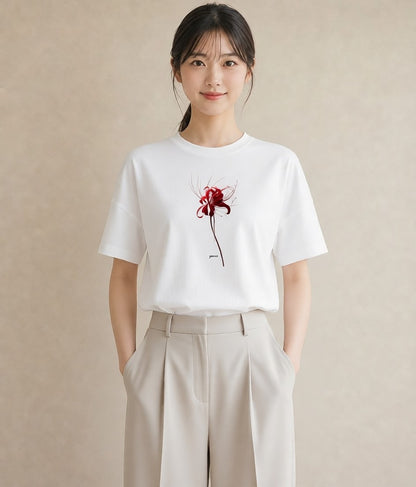 半袖Tシャツ レディース 彼岸花 花 花柄 イラスト カフェコーデ 綿100 デート 白T YMAZO