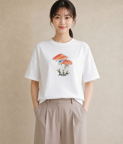グラフィックTシャツ レディース きのこ 植物 ボタニカル イラスト 可愛い ホワイトデー 春服 白T YMAZO