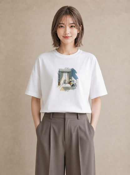 プリントTシャツ レディース 窓辺の椅子 窓辺 椅子 ナチュラル アンティーク イラスト ミニマル クリスマス 旅行 白T YMAZO