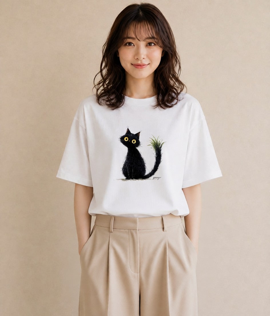 グラフィックTシャツ レディース 黒猫 猫 ねこ イラスト きれいめ おしゃれギフト 社会人 白T YMAZO