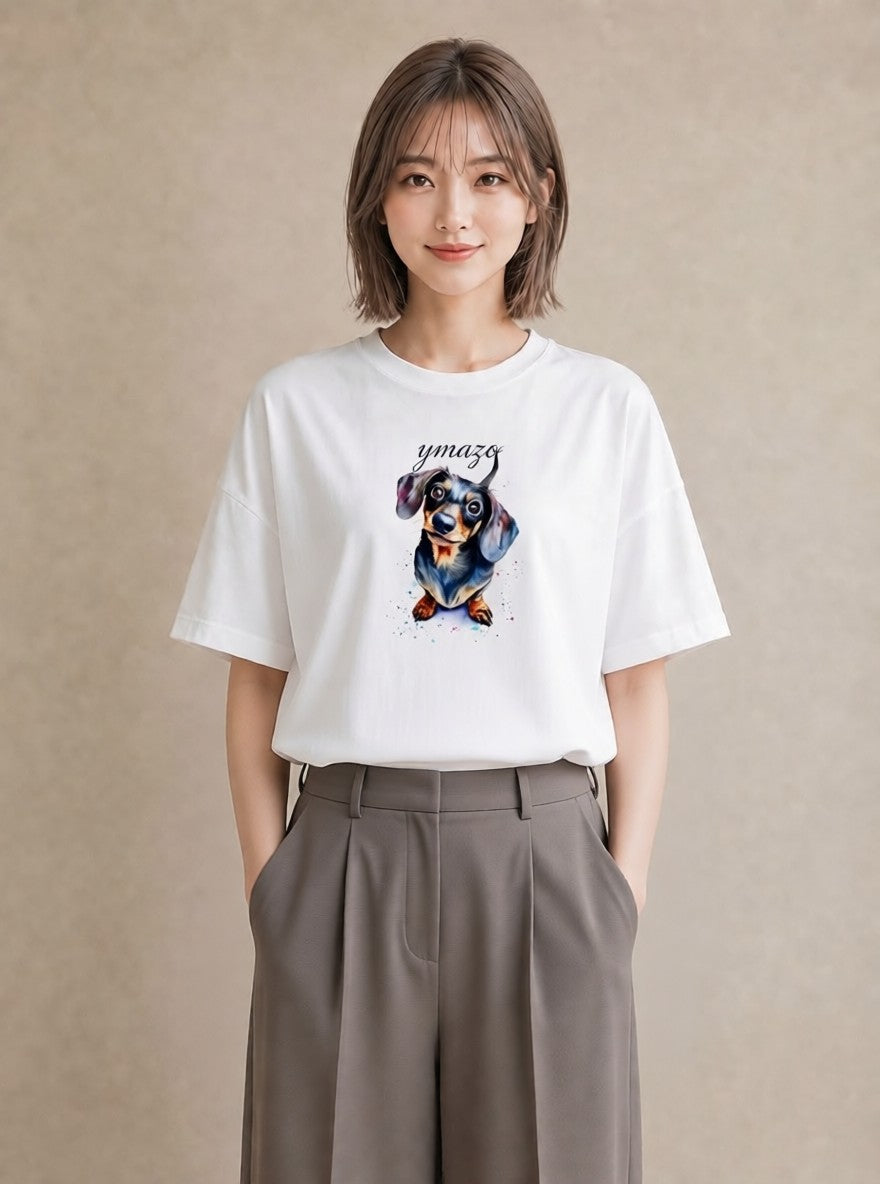 グラフィックTシャツ レディース ミニチュアダックスフンド 犬 いぬ イラスト ラフカジュアル レイヤード 友達ギフト 白T YMAZO