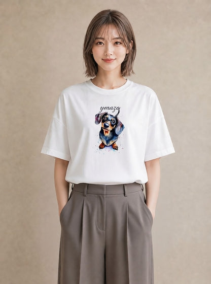 グラフィックTシャツ レディース ミニチュアダックスフンド 犬 いぬ イラスト ラフカジュアル レイヤード 友達ギフト 白T YMAZO