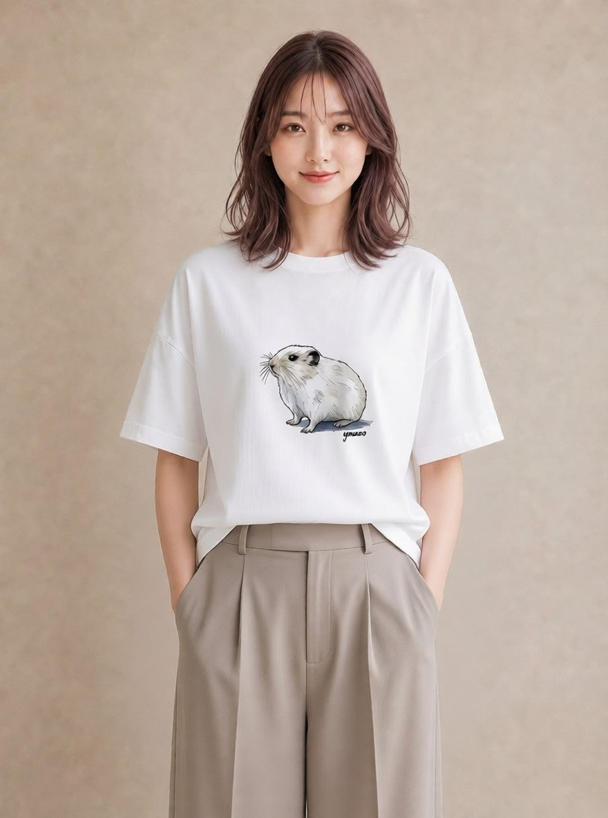 半袖Tシャツ レディース フェレット ペット 動物 イラスト 北欧風 デイリーウェア 休日 白T YMAZO