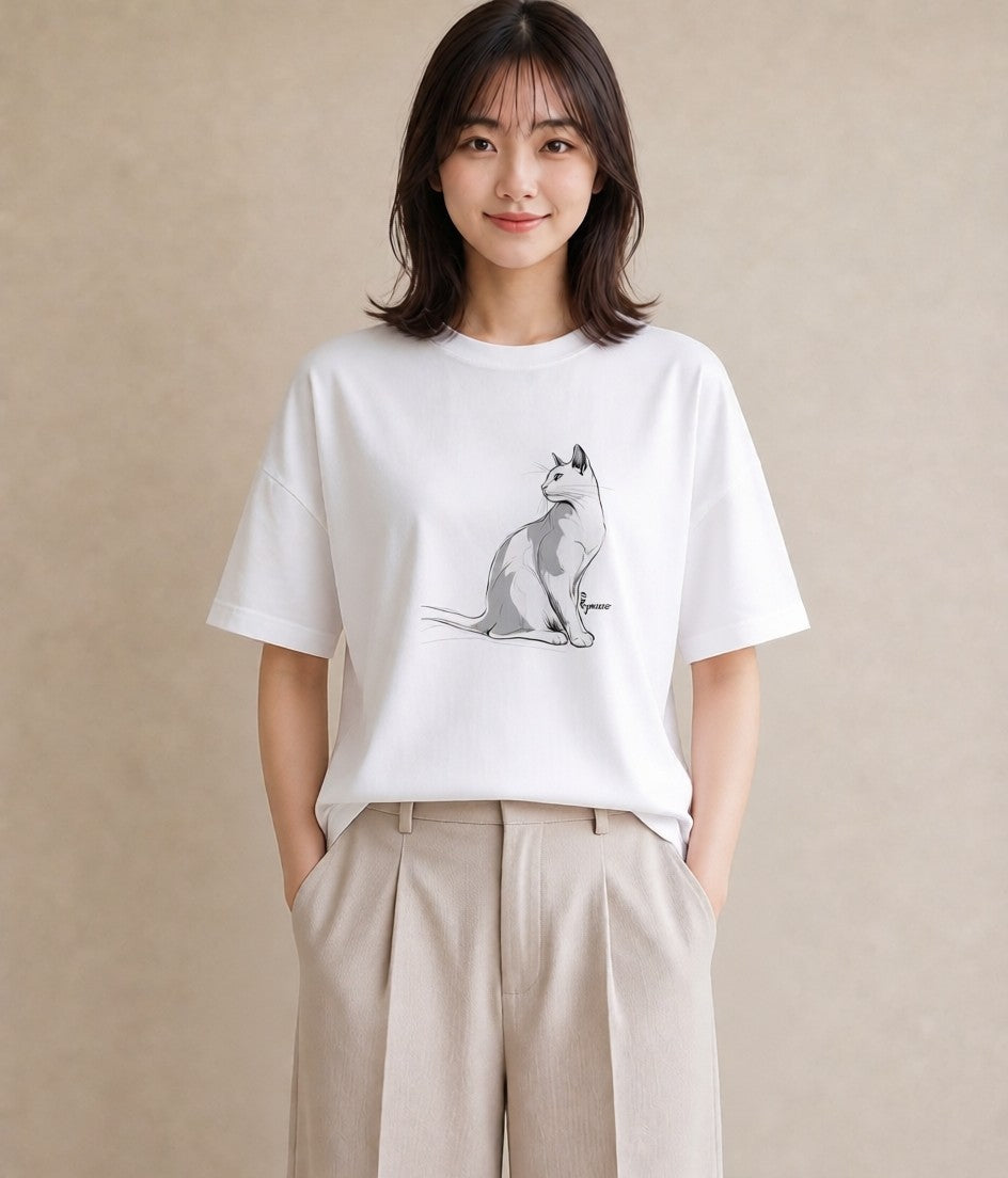 半袖Tシャツ レディース 白猫 猫 ねこ イラスト 抜け感 海 カフェ巡り 白T YMAZO