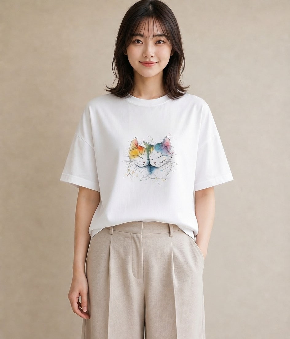 Tシャツ レディース 猫好き 猫 ねこ イラスト 友達ギフト 部屋着 白T YMAZO