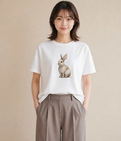 半袖Tシャツ レディース ネザーランドドワーフ ペット 動物 イラスト 手描き風 社会人 女性 白T YMAZO