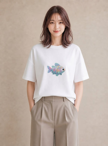 半袖Tシャツ レディース 出目金 ペット 動物 イラスト ボタニカル クリスマス 旅行 白T YMAZO