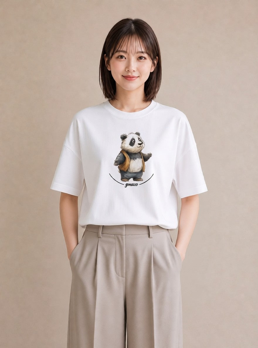 半袖Tシャツ レディース レッサーパンダ 動物 アニマル イラスト 北欧風 カフェ服 クリスマス 白T YMAZO