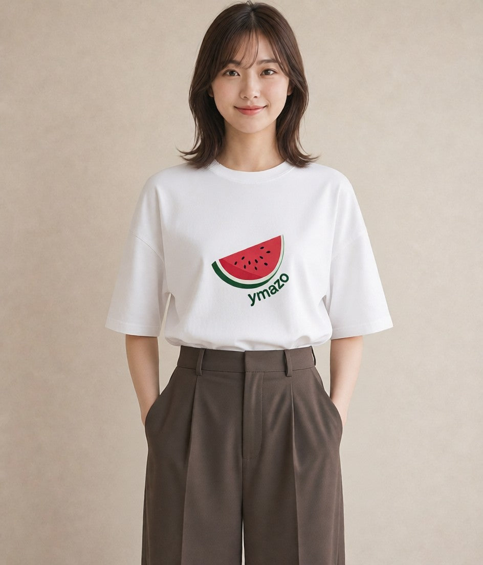 半袖Tシャツ レディース すいか 食べ物 フード イラスト ボタニカル 夏コーデ 通学 白T YMAZO