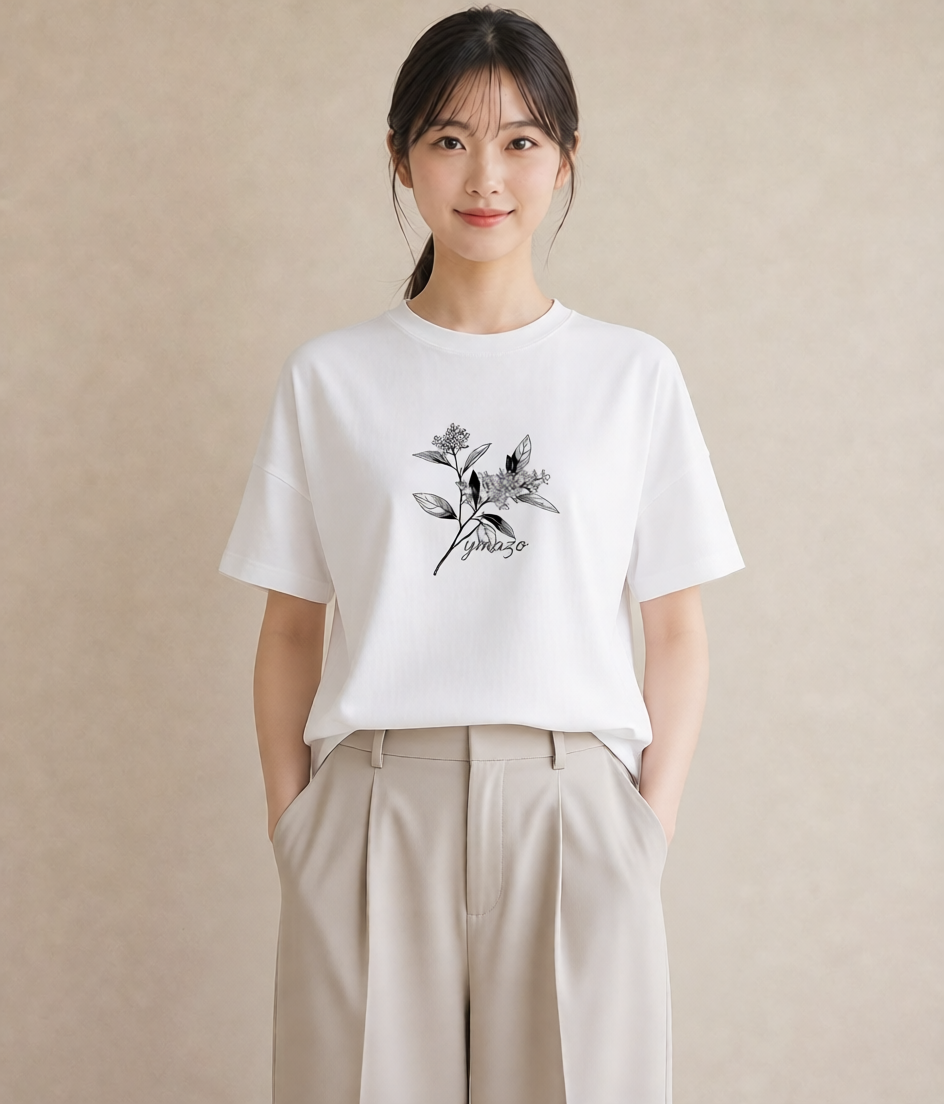 グラフィックTシャツ レディース 金木犀 花 花柄 イラスト こなれ感 夏コーデ 通学 白T