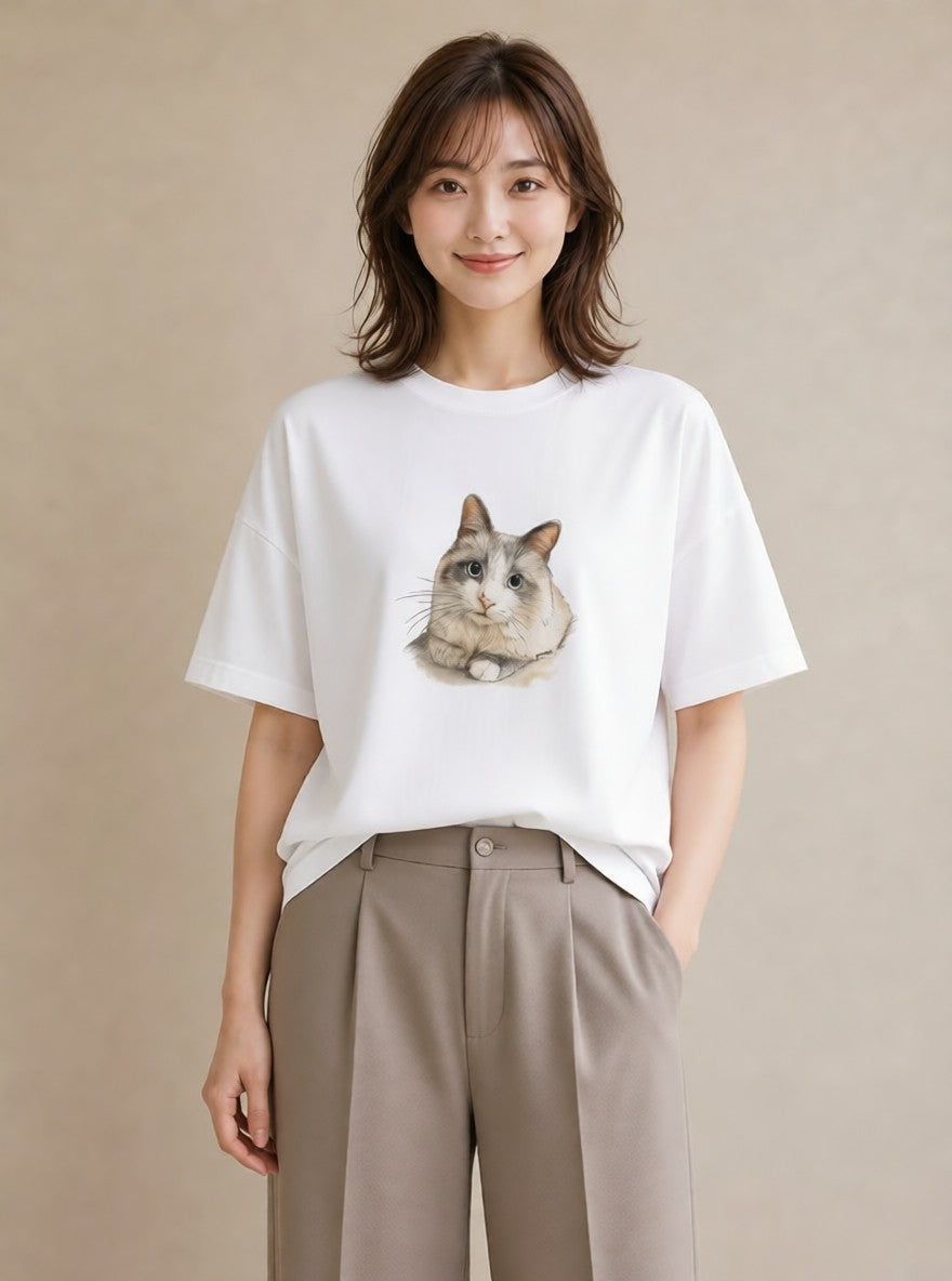グラフィックTシャツ レディース 靴下猫 猫 ねこ イラスト カフェコーデ 在宅 公園 白T YMAZO