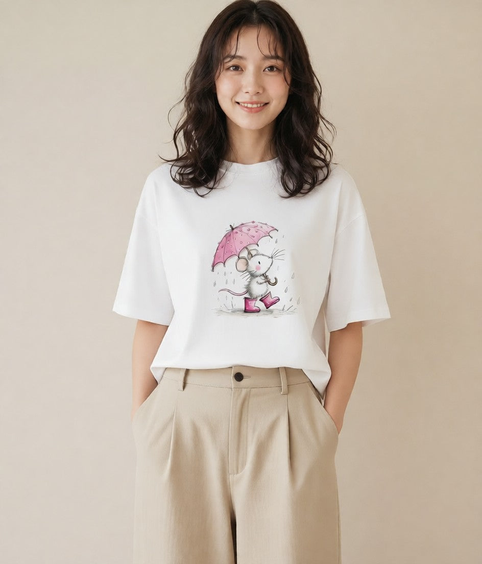 デザインTシャツ レディース 傘 水たまり 雨 ナチュラル アンティーク イラスト お洒落 通学 誕生日プレゼント 白T YMAZO