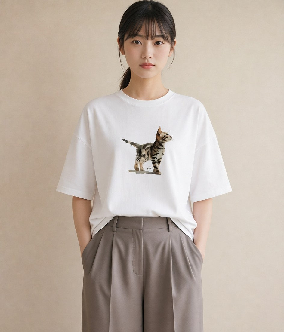デザインTシャツ レディース 猫 ねこ イラスト アート風 海 カフェ巡り 白T YMAZO