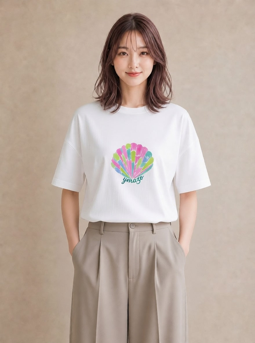 Tシャツ レディース 貝 海の生き物 海 イラスト カジュアル お出かけ 普段着 白T YMAZO
