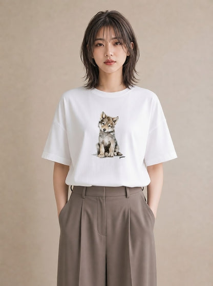 デザインTシャツ レディース シベリアンハスキー 犬 いぬ イラスト ガーリー ルームウェア ギフト 白T YMAZO