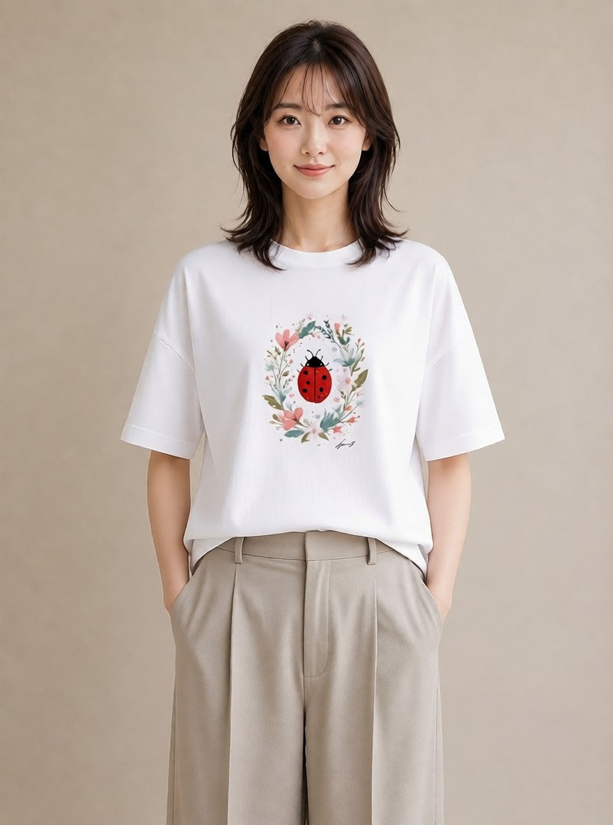 デザインTシャツ レディース てんとう虫 昆虫 虫 イラスト アート風 買い物 夏コーデ 白T YMAZO