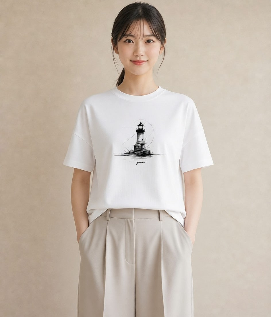 デザインTシャツ レディース 灯台 霧 海 ナチュラル アンティーク イラスト ラフ レイヤード 友達ギフト 白T YMAZO