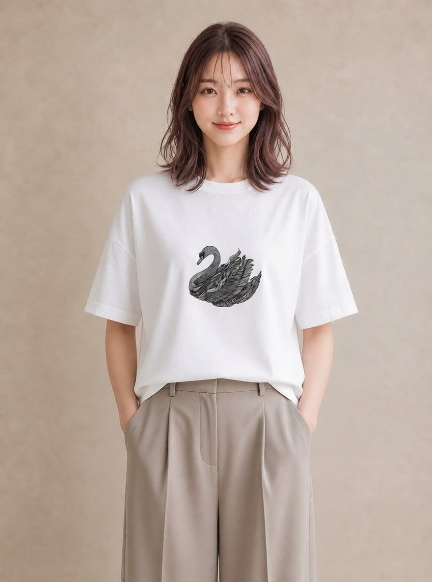 Tシャツ レディース ハクチョウ 動物 アニマル イラスト 夏コーデ 通学 白T YMAZO