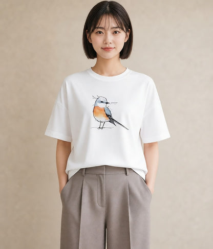 プリントTシャツ レディース 遠い家と鳥 風景 鳥 ナチュラル アンティーク イラスト 手描き風 お出かけ 普段着 白T YMAZO