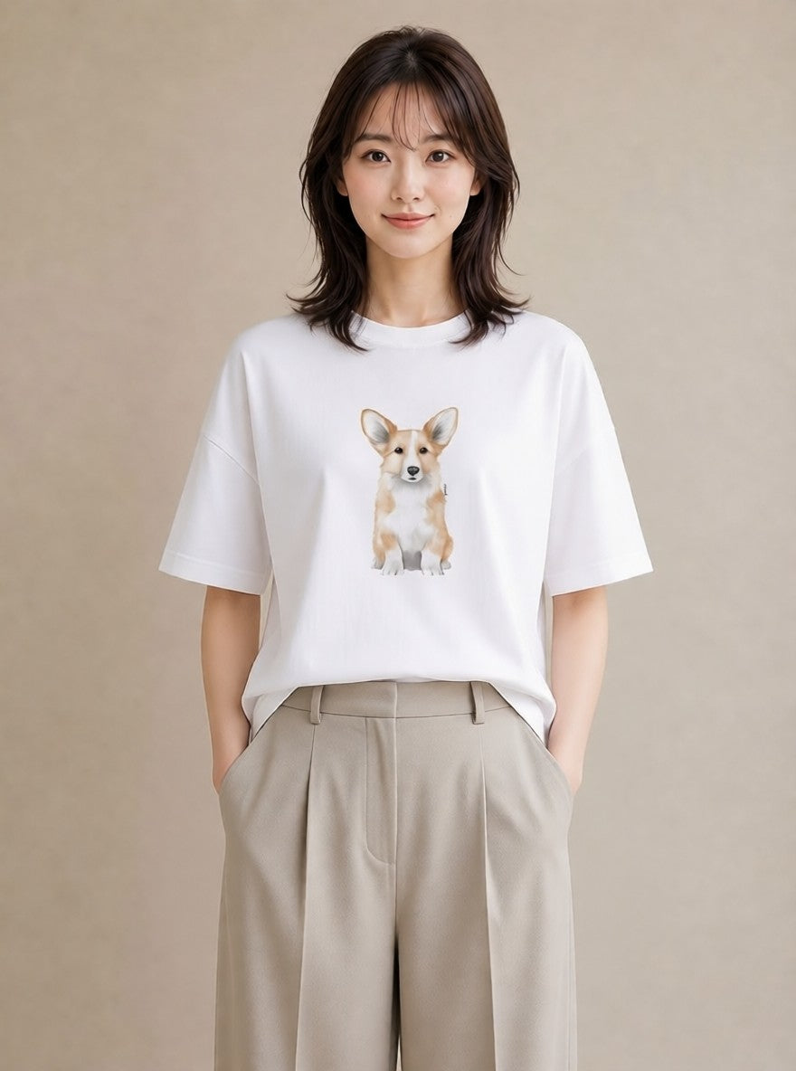 デザインTシャツ レディース ウェルシュコーギー コーギー 犬 いぬ イラスト シック 在宅 公園 白T YMAZO