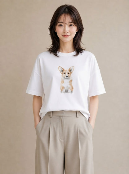 デザインTシャツ レディース ウェルシュコーギー コーギー 犬 いぬ イラスト シック 在宅 公園 白T YMAZO