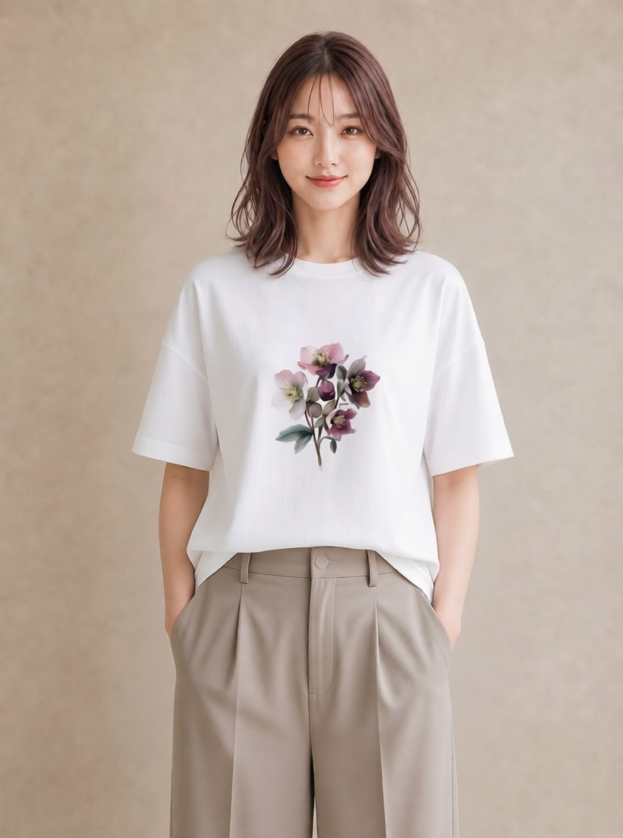 半袖Tシャツ レディース スミレ 花 花柄 イラスト 水彩風 敬老の日 ホワイトデー 白T
