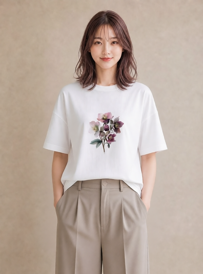 半袖Tシャツ レディース スミレ 花 花柄 イラスト 水彩風 敬老の日 ホワイトデー 白T