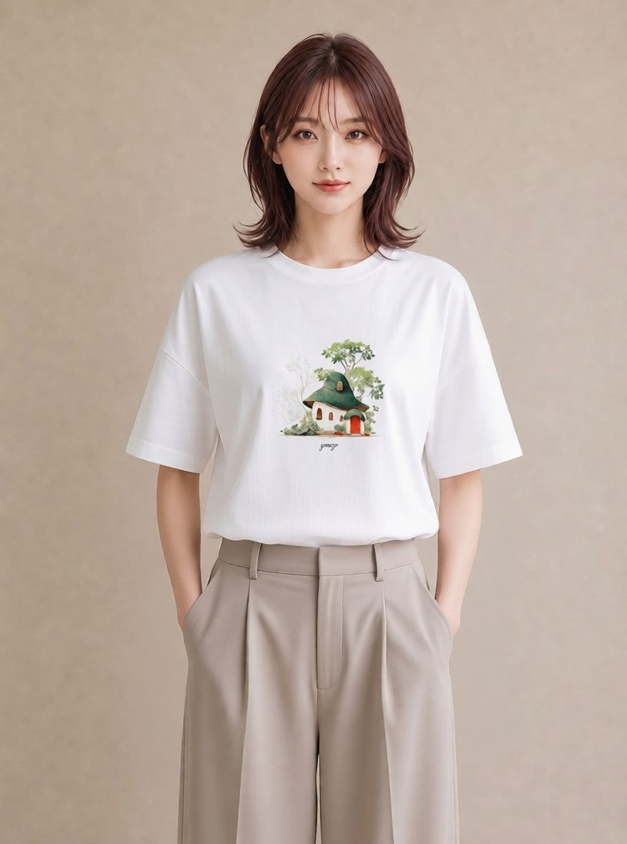 半袖Tシャツ レディース 遠い家と鳥 風景 鳥 ナチュラル アンティーク イラスト カフェコーデ 部屋着 女性向けギフト 白T YMAZO