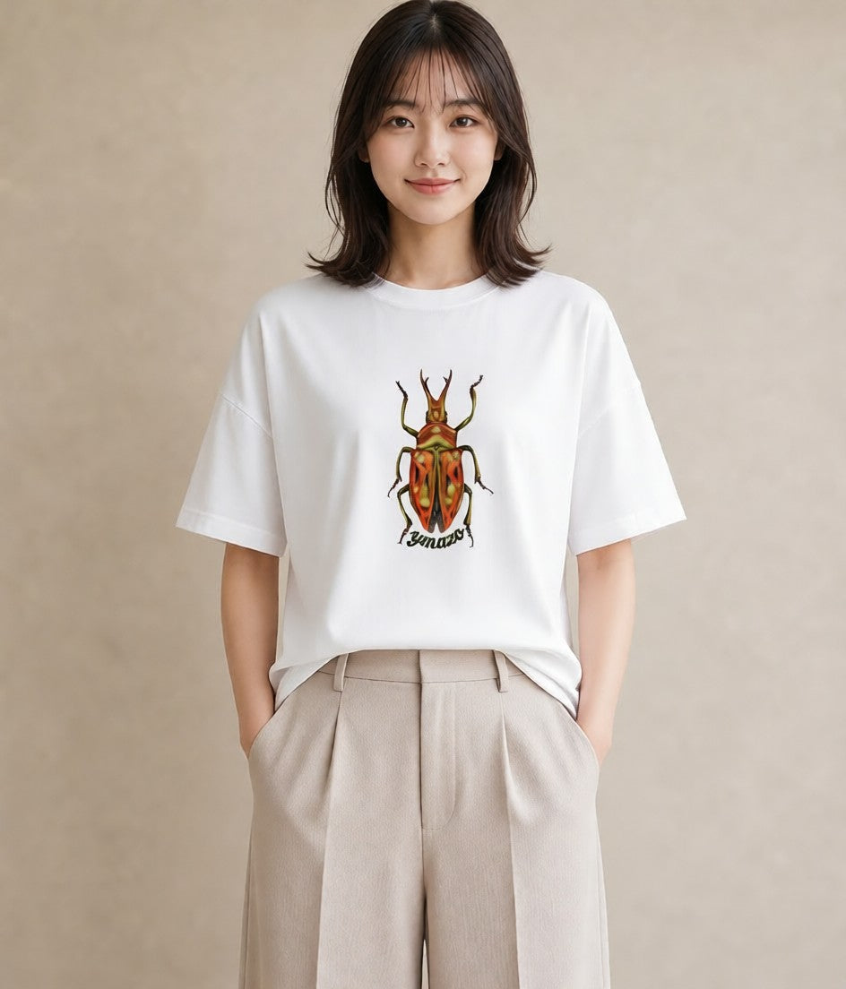 プリントTシャツ レディース カブトムシ 昆虫 虫 イラスト ニュアンス ラフ レイヤード 白T YMAZO