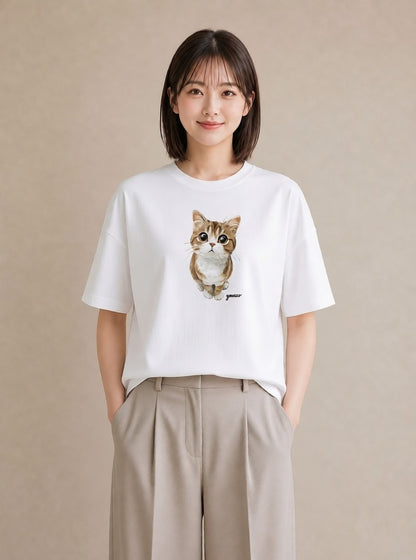 デザインTシャツ レディース スコティッシュフォールド 猫 ねこ イラスト アート風 公園 ママ 白T YMAZO