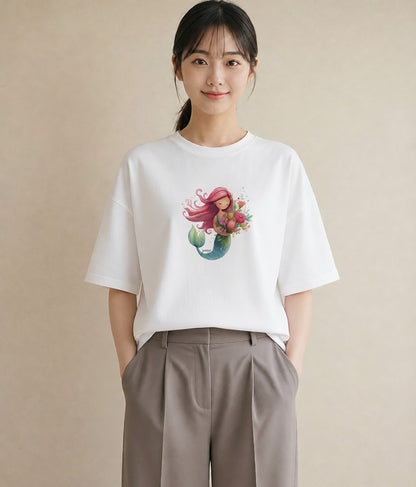 デザインTシャツ レディース 人魚 海の生き物 海 イラスト 韓国風 ギフト 母の日 白T YMAZO
