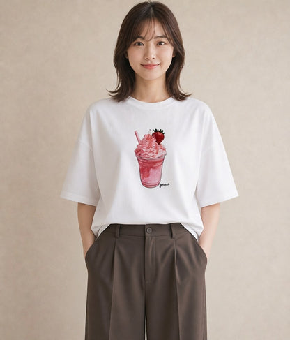 半袖Tシャツ レディース パフェ 食べ物 フード イラスト モード カフェ服 クリスマス 白T YMAZO