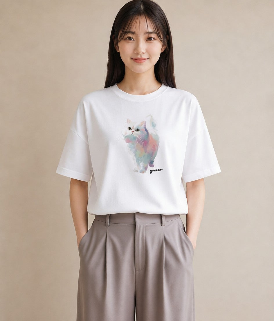 Tシャツ レディース メインクーン 猫 ねこ イラスト 水彩風 20代 カジュアルコーデ 白T YMAZO