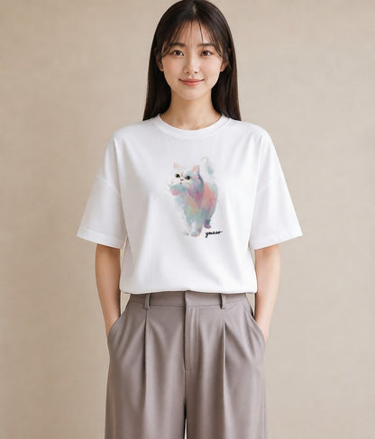 Tシャツ レディース メインクーン 猫 ねこ イラスト 水彩風 20代 カジュアルコーデ 白T YMAZO