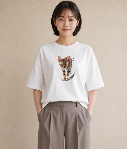 Tシャツ レディース ぶち猫 猫 ねこ イラスト ゆるかわ 女性向けギフト 散歩 白T YMAZO