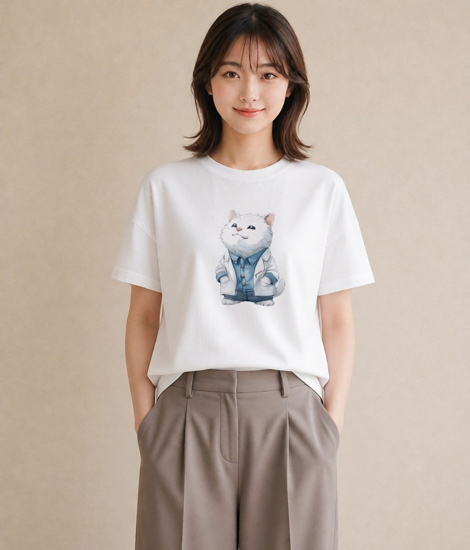 デザインTシャツ レディース アメリカンショートヘア 猫 ねこ イラスト 韓国風 綿100 デート 白T YMAZO
