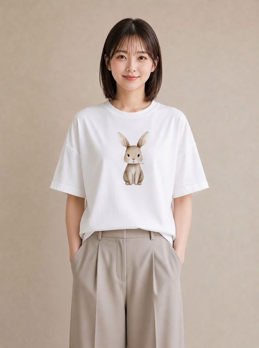 Tシャツ レディース ライオンラビット ペット 動物 イラスト ニュアンス 母の日 ビーチ 白T YMAZO