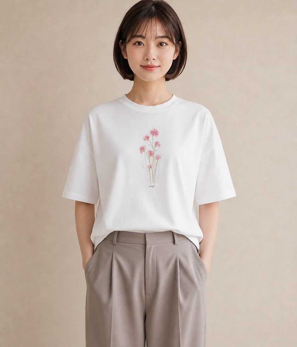 Tシャツ レディース ミモザ 花 花柄 イラスト 韓国風 カジュアルコーデ 買い物 白T YMAZO