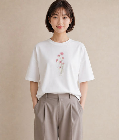 Tシャツ レディース ミモザ 花 花柄 イラスト 韓国風 カジュアルコーデ 買い物 白T YMAZO