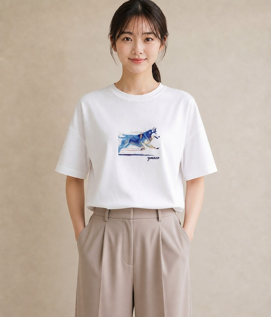 プリントTシャツ レディース シベリアンハスキー 犬 いぬ イラスト ミニマル 親子 20代 白T YMAZO