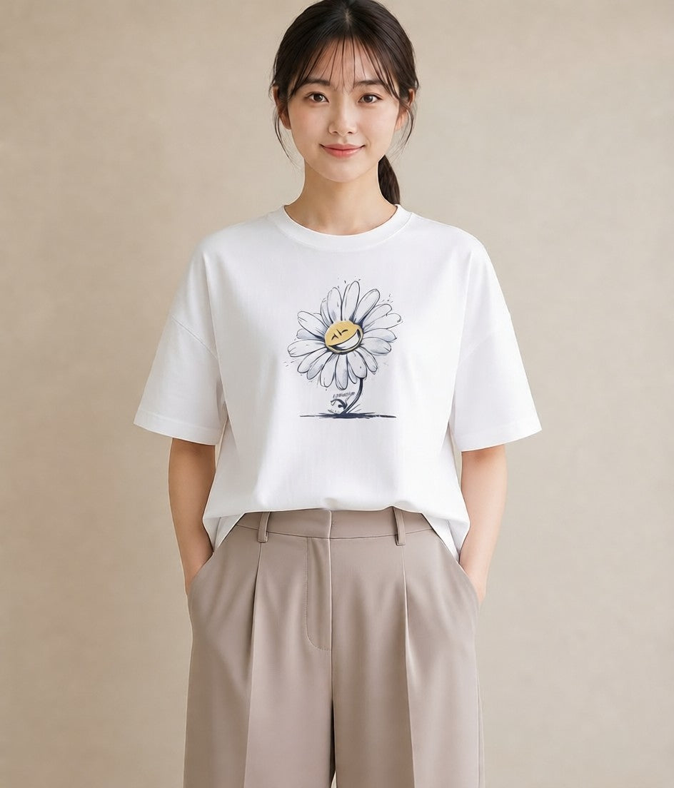 Tシャツ レディース マーガレット 花 花柄 イラスト ゆるかわ 海 カフェ巡り 白T YMAZO