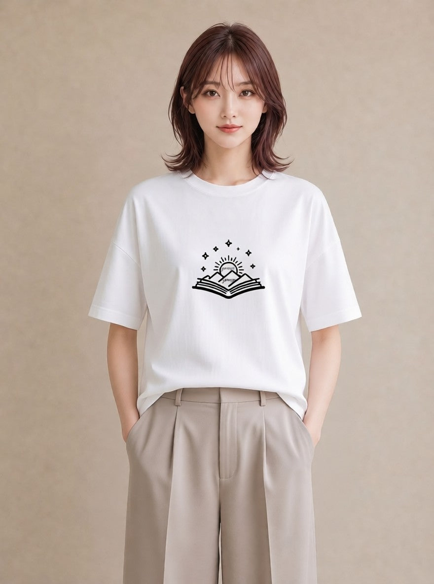 半袖Tシャツ レディース 本 読書 ブック イラスト 線画 休日 ペアコーデ 白T YMAZO