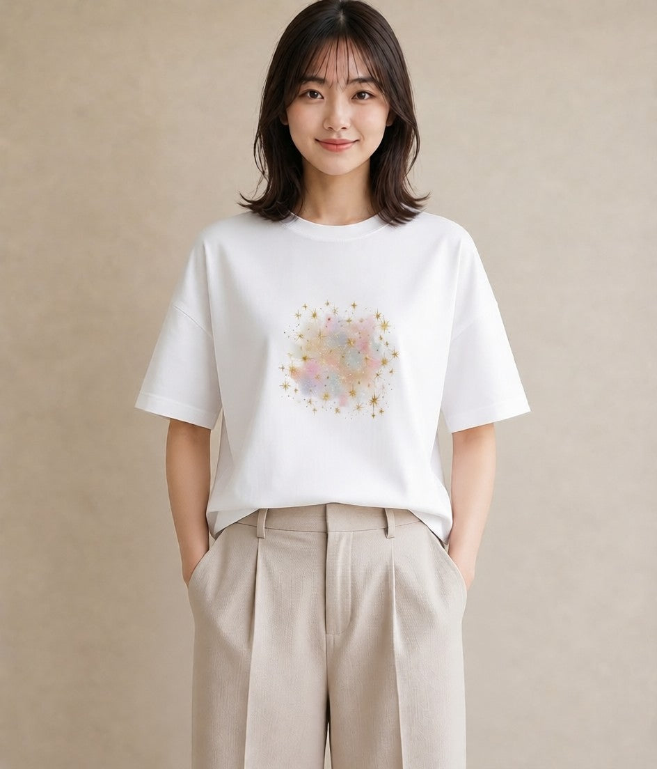 デザインTシャツ レディース 獅子座 星空 宇宙 イラスト アート風 買い物 夏コーデ 白T YMAZO