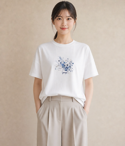 プリントTシャツ レディース 花 花柄 イラスト ヴィンテージ風 通勤 在宅 白T